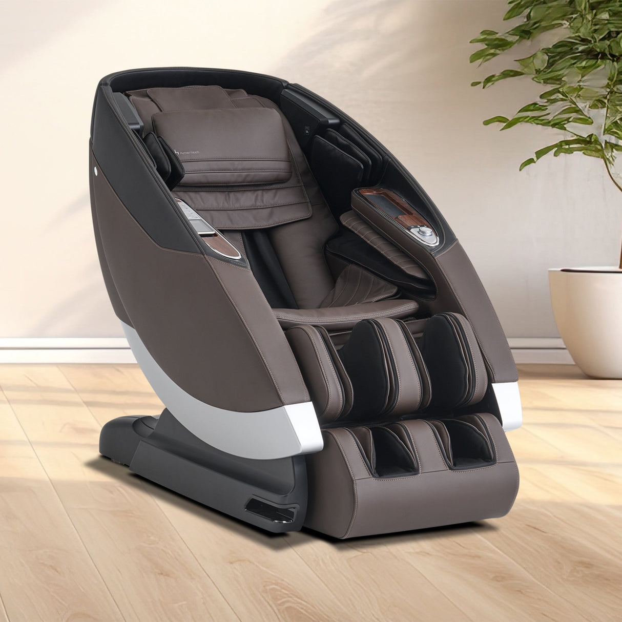 Super Novo 2.0 Massage Chair in brown leather, modern design with advanced features, shown in home setting