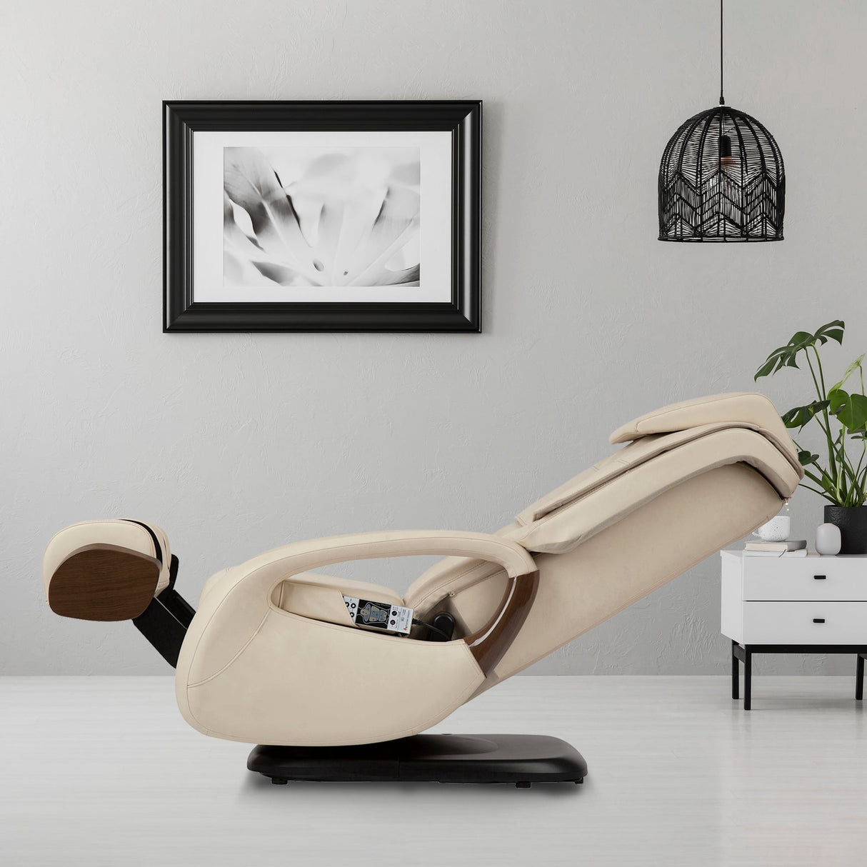 WholeBody 8.0 massage chair in cream color reclined in modern living room with minimalist decor