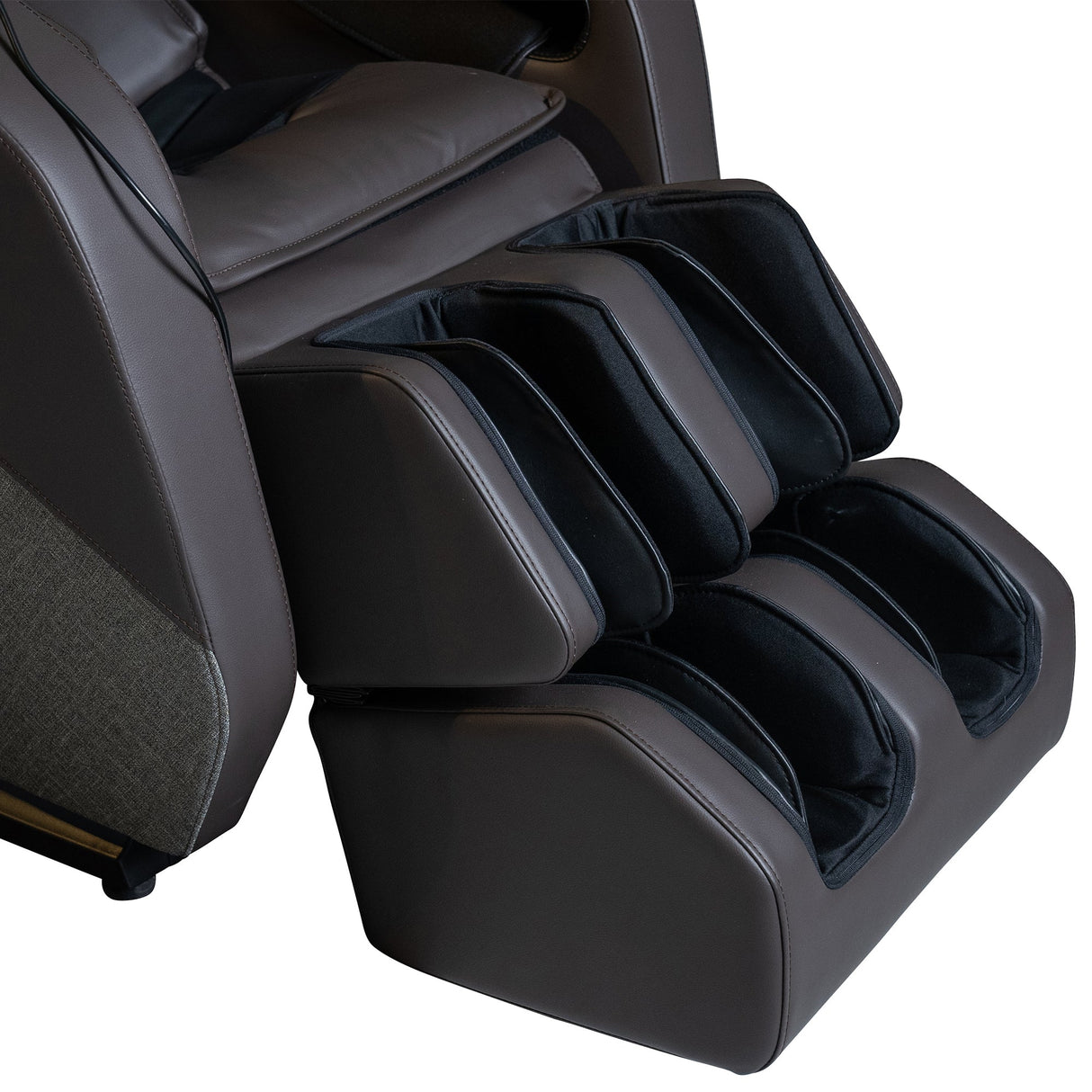 WholeBody® ROVE Massage Chair foot and calf massager with cushioned black interiors and brown exterior panels.