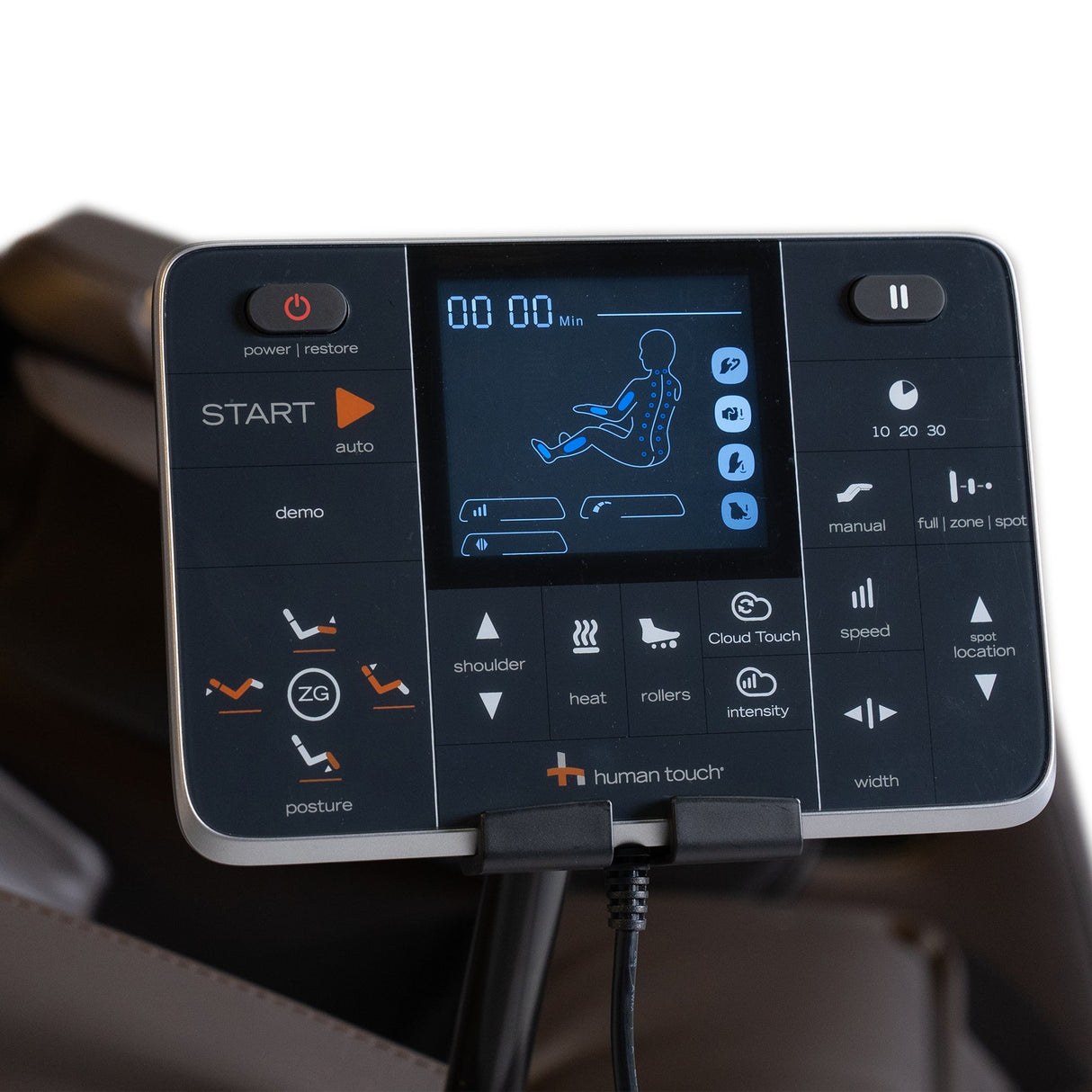 WholeBody ROVE Massage Chair remote control with display showing massage settings and posture adjustment options.