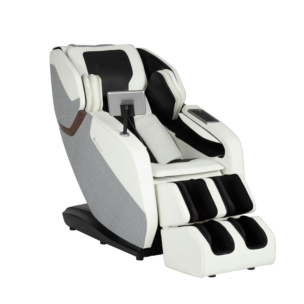 WholeBody® ROVE Massage Chair in white and black with L-track targeting neck to thighs for deep relaxation.