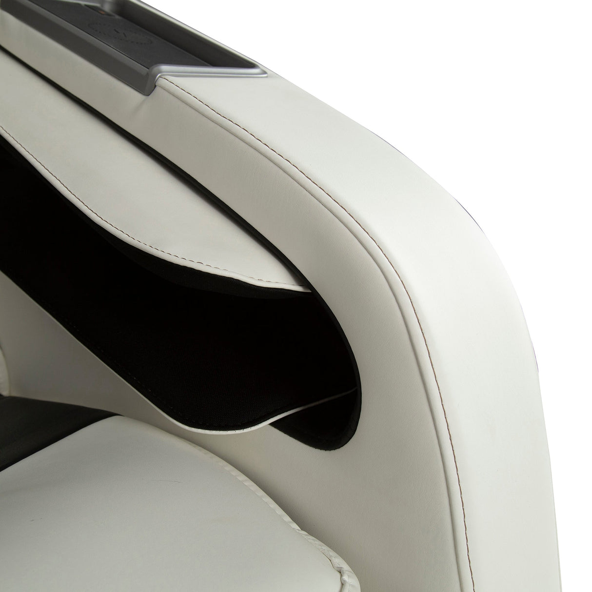 Close-up of the white leather armrest detail on the WholeBody® ROVE Massage Chair showcasing its design and stitching.