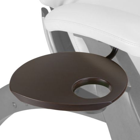 Perfect Chair Accessory Table shown in dark brown with cup holder, attached to white leather chair armrest