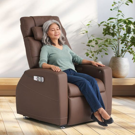 Laevo ZG Chair with Lift Assist shown in brown leather, featuring power recline and lift functions in a bright home setting