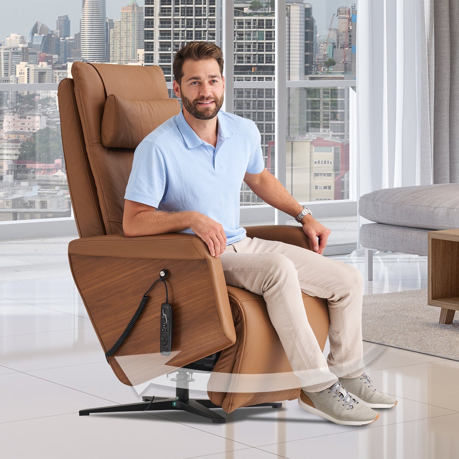 Circa ZG Chair with oak accents and tan leather upholstery shown in modern high-rise apartment setting