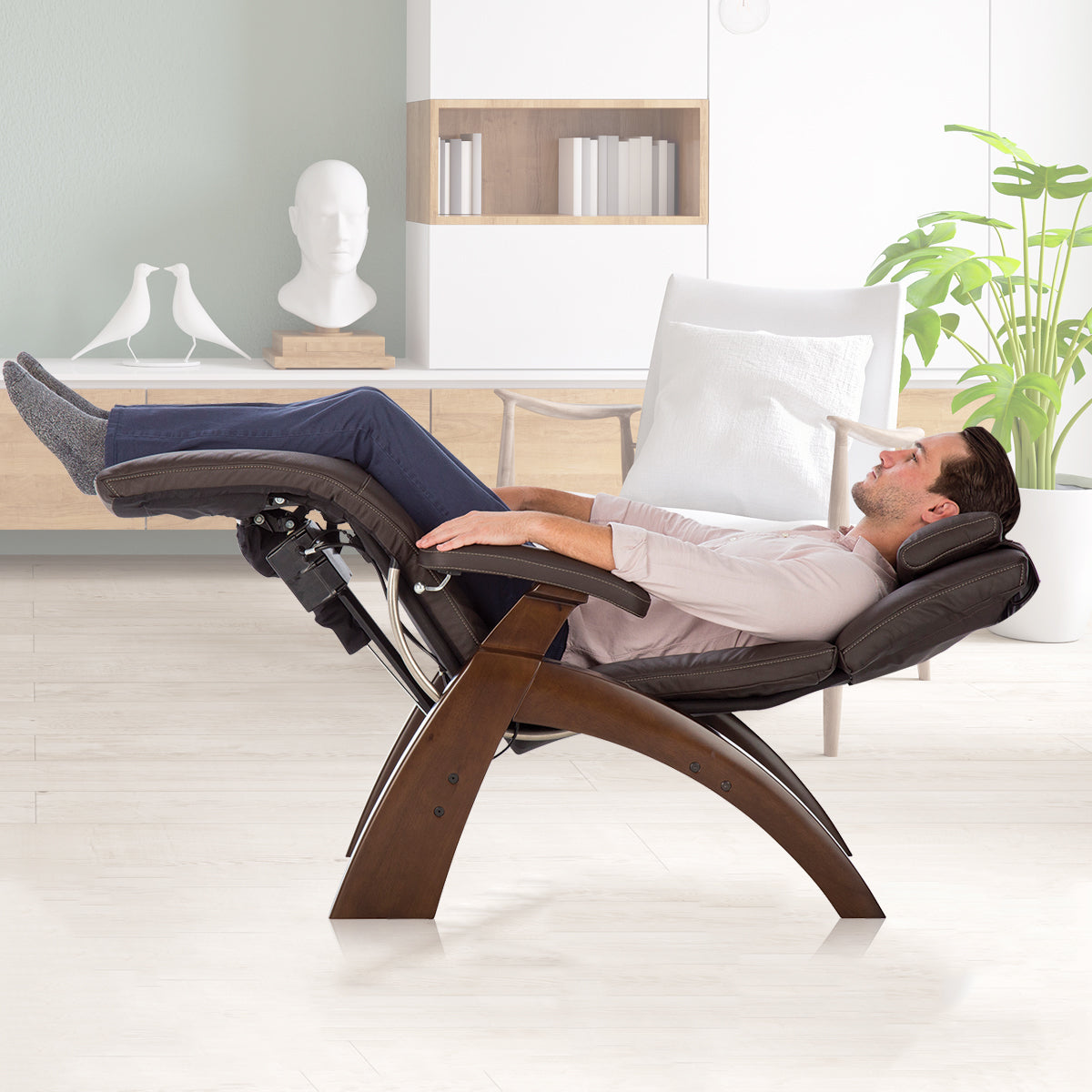 Perfect Chair PC-350 Classic Power recliner in dark wood finish with premium leather upholstery in zero-gravity position