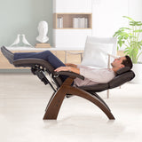 Perfect Chair PC-350 Classic Power recliner in dark wood finish with premium leather upholstery in zero-gravity position