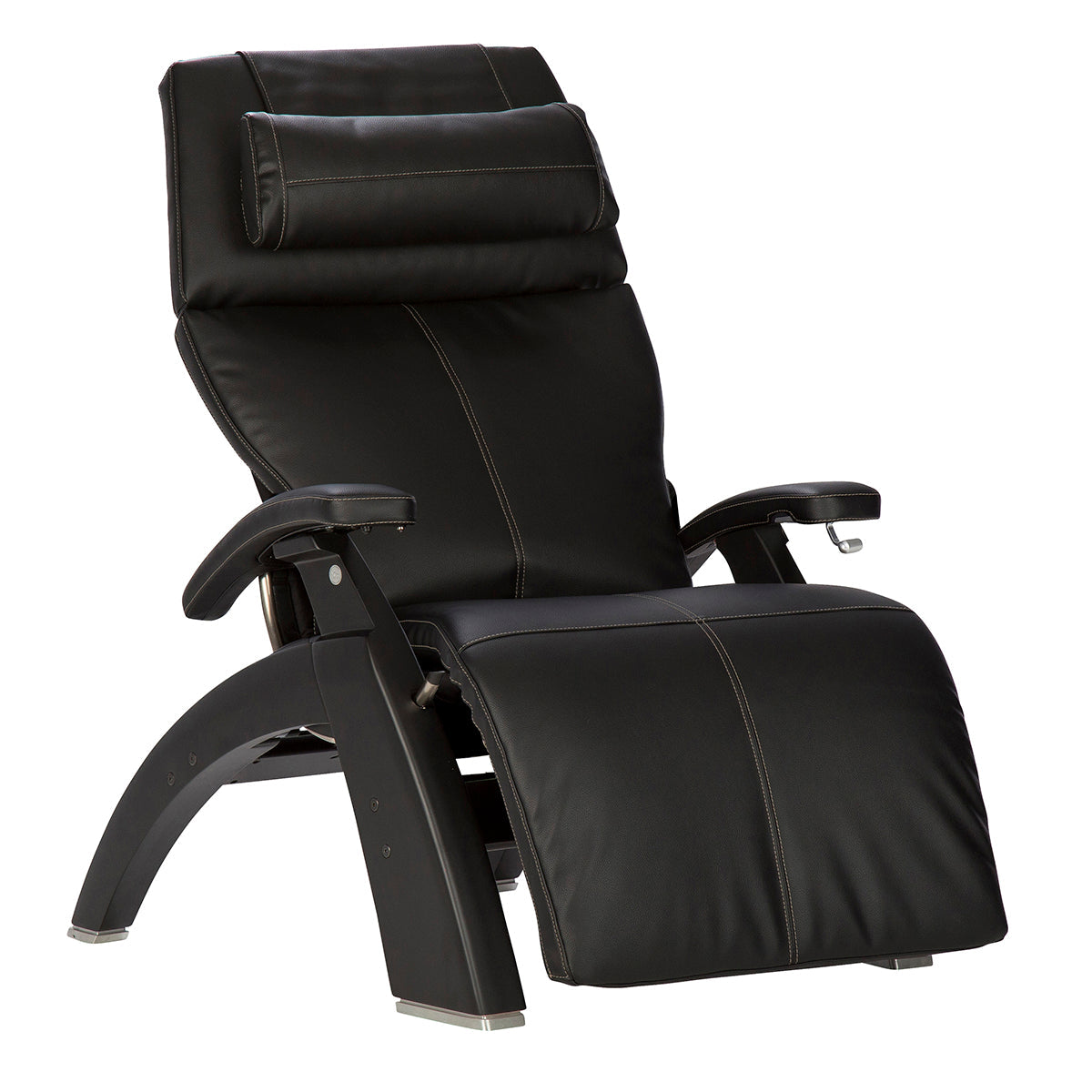 Perfect Chair PC-420 Classic Manual Plus zero gravity recliner in black leather with curved wood base and ergonomic design