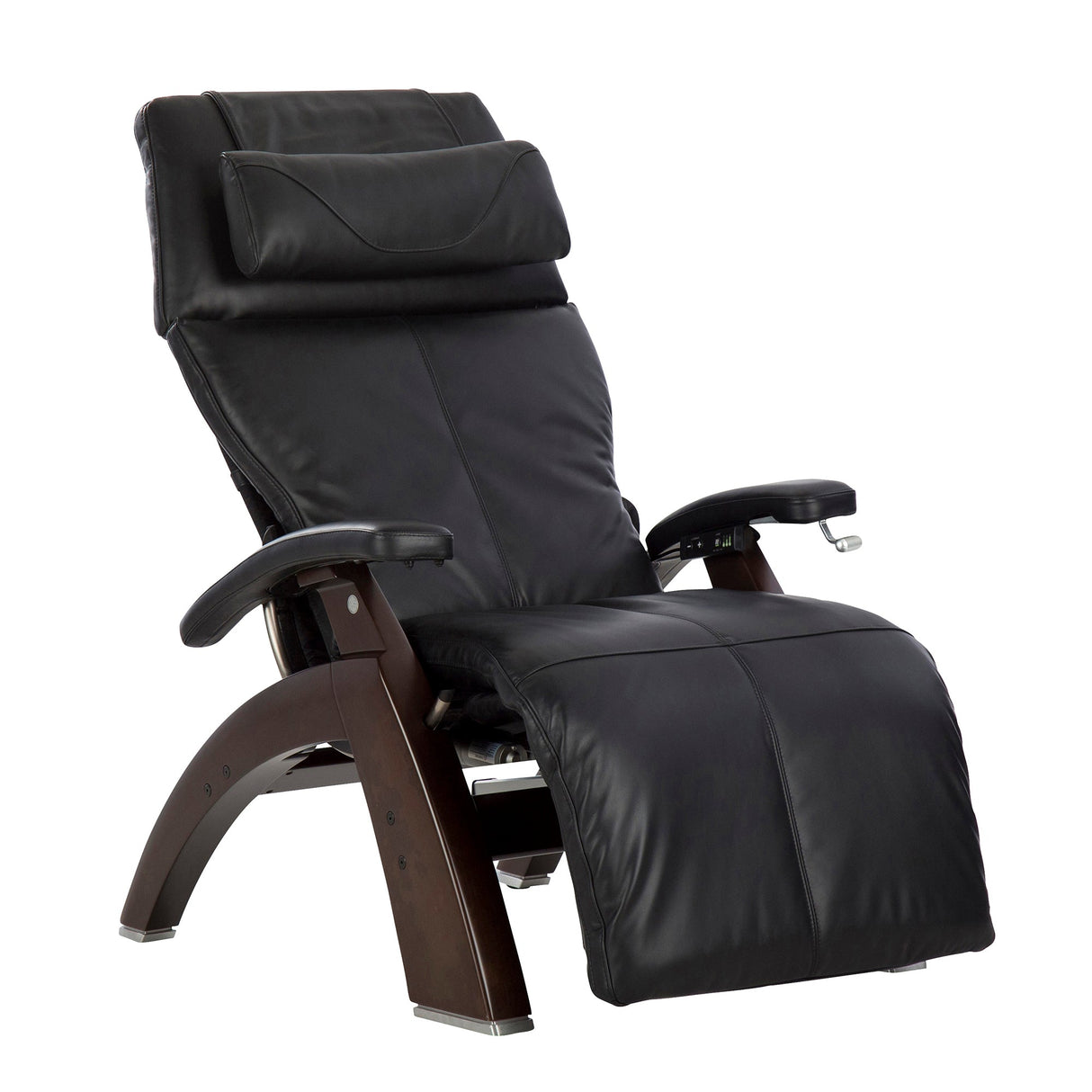 Perfect Chair PC-420 Classic Manual Plus recliner in black leather with dark wood base, shown in reclined position