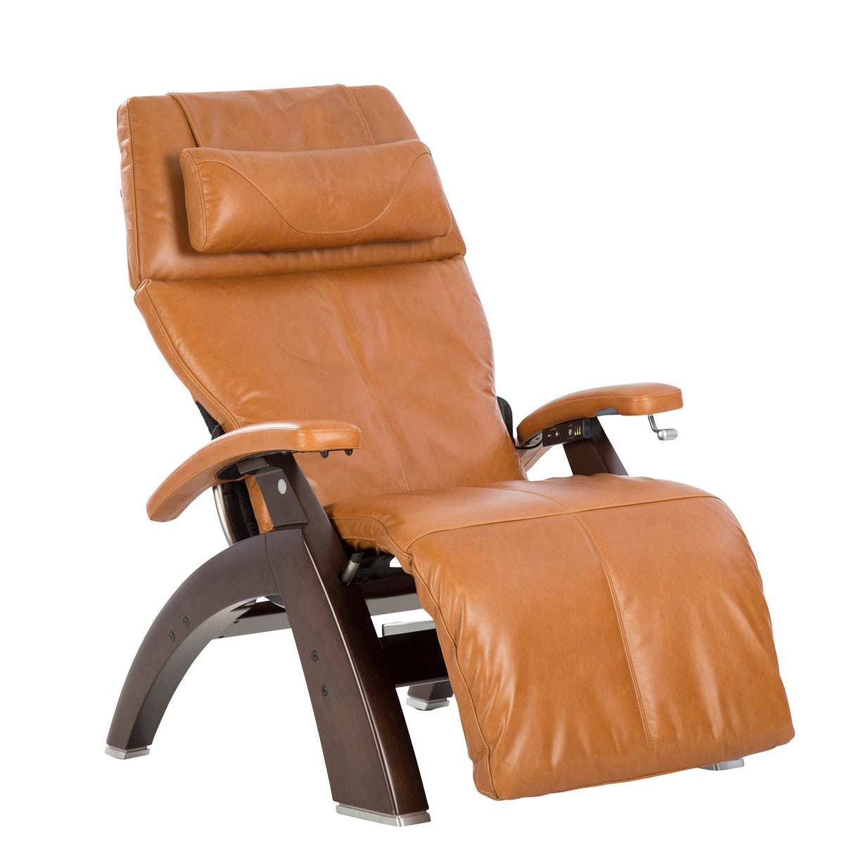 Perfect Chair PC-420 Classic Manual Plus recliner in cognac leather with dark wood base, shown in full recline position