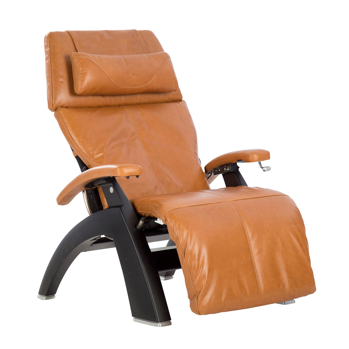 Perfect Chair PC-420 Classic Manual Plus recliner in cognac leather with black base, shown in reclined position