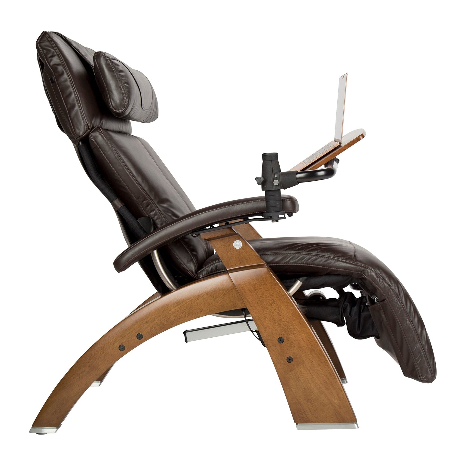 Perfect Chair Laptop Desk shown attached to brown leather recliner with wooden base, displaying adjustable mounting arm
