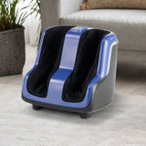 Reflex SOL Plus foot and calf massager with blue accents and black massage chambers shown on light carpet near sofa