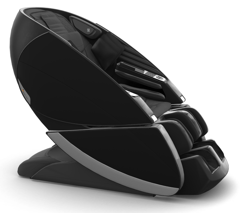 Super Novo X Massage Chair in sleek black with teardrop design and silver accents shown from side angle