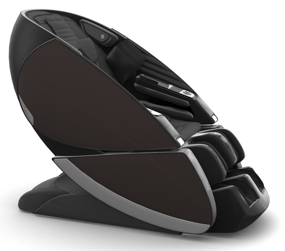 Super Novo X Massage Chair in black with sleek teardrop design and upward-pivoting doors for full-body relaxation therapy