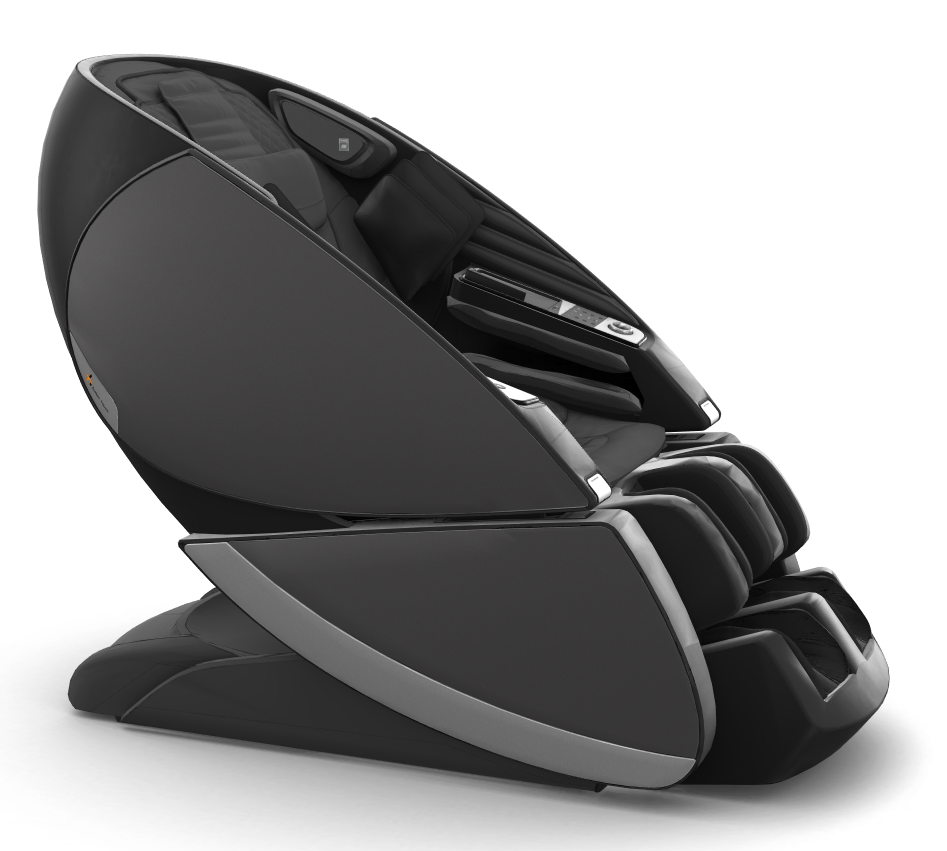 Super Novo X Massage Chair in sleek black with teardrop design, featuring upward-pivoting doors and full-body massage capability