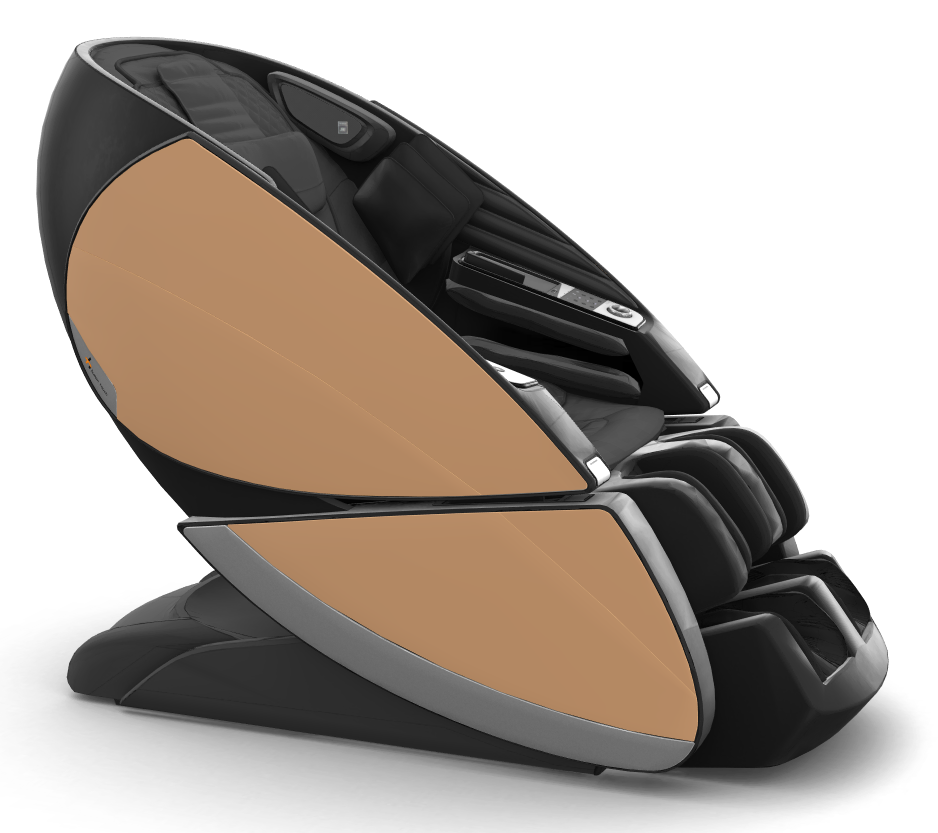 Super Novo X massage chair in black and tan with teardrop design, showcasing modern ergonomic shape and luxurious features