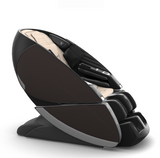 Super Novo X Massage Chair with sleek black design and teardrop doors, featuring plush cream interior and ergonomic recline position