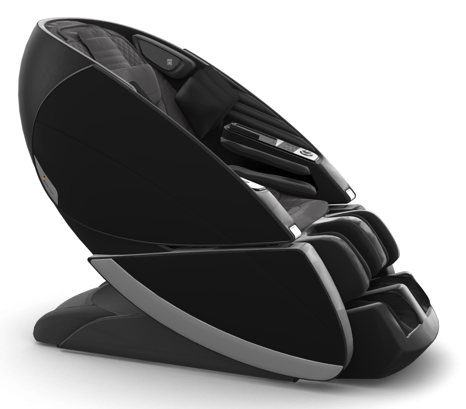 Super Novo X Massage Chair in black with sleek teardrop design and upward-pivoting doors, shown from side angle