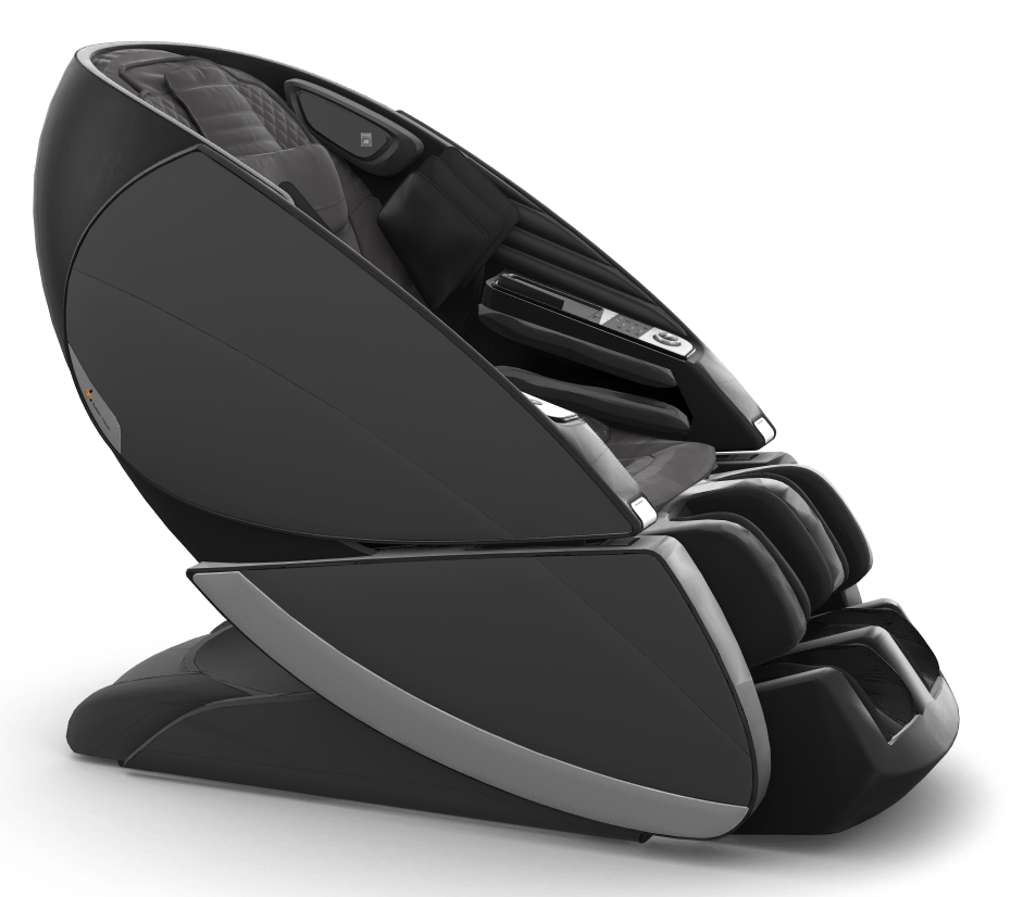 Super Novo X Massage Chair in black with sleek modern design and teardrop doors for full-body therapeutic massage