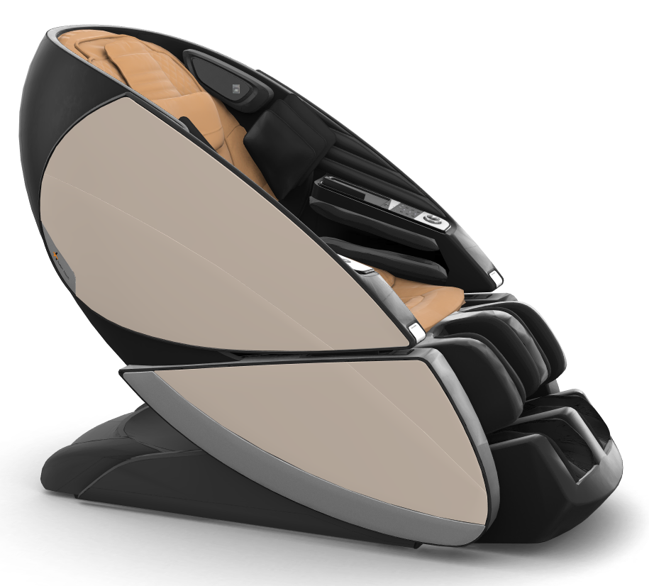 Super Novo X Massage Chair in black and beige with teardrop design and ergonomic reclining position