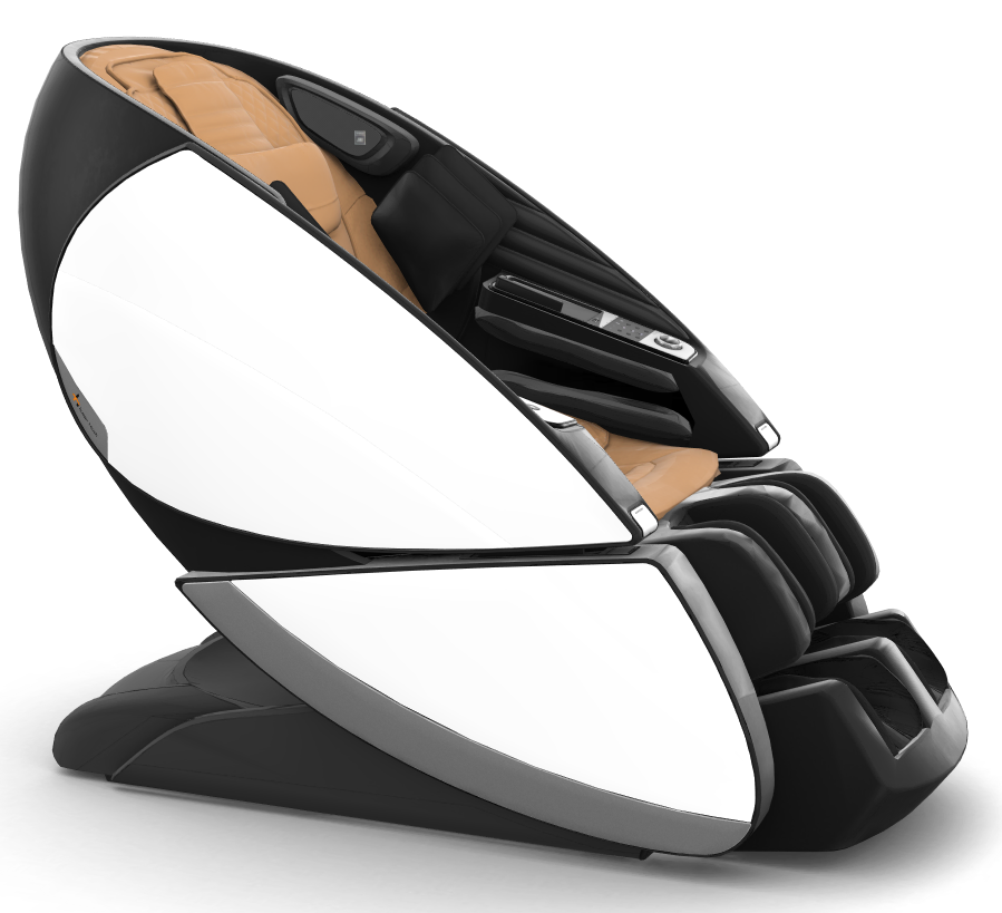 Super Novo X Massage Chair with modern curved design, black and white exterior and tan cushioning, viewed from side angle