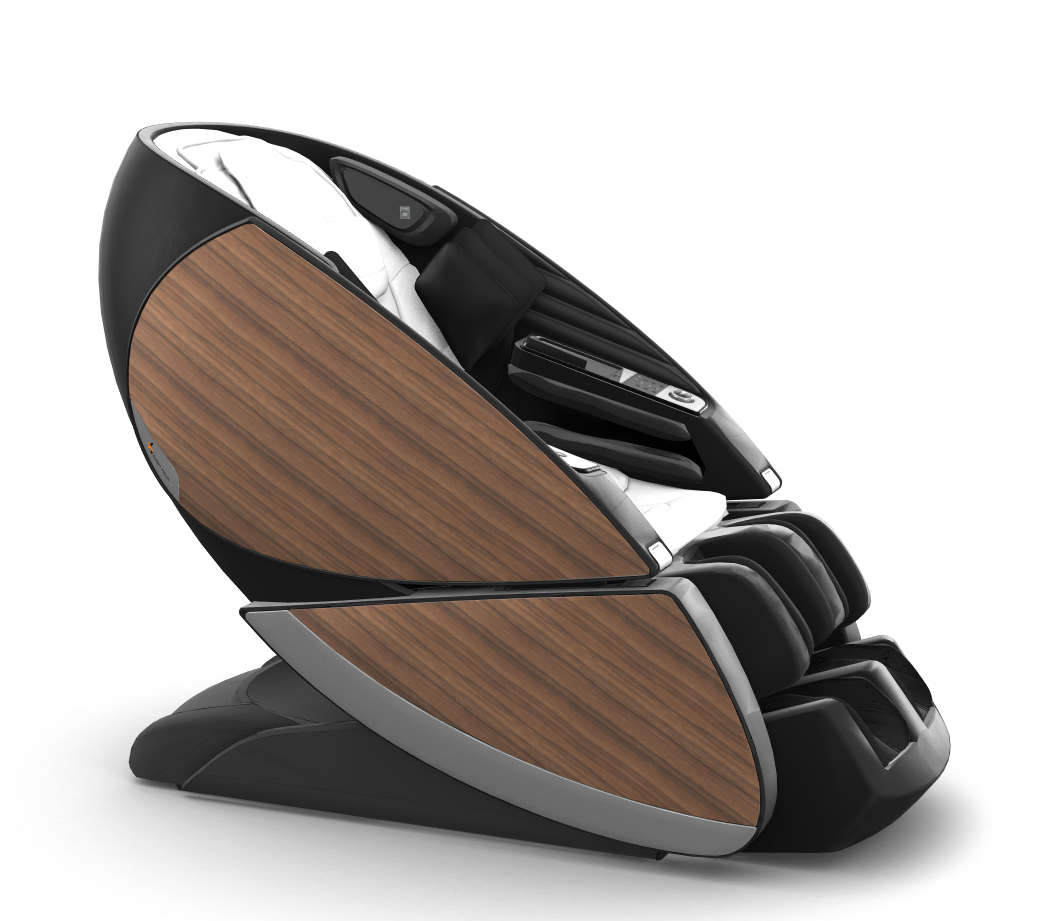 Super Novo X Massage Chair with black leather and wooden panels, featuring teardrop-shaped design and reclining capabilities