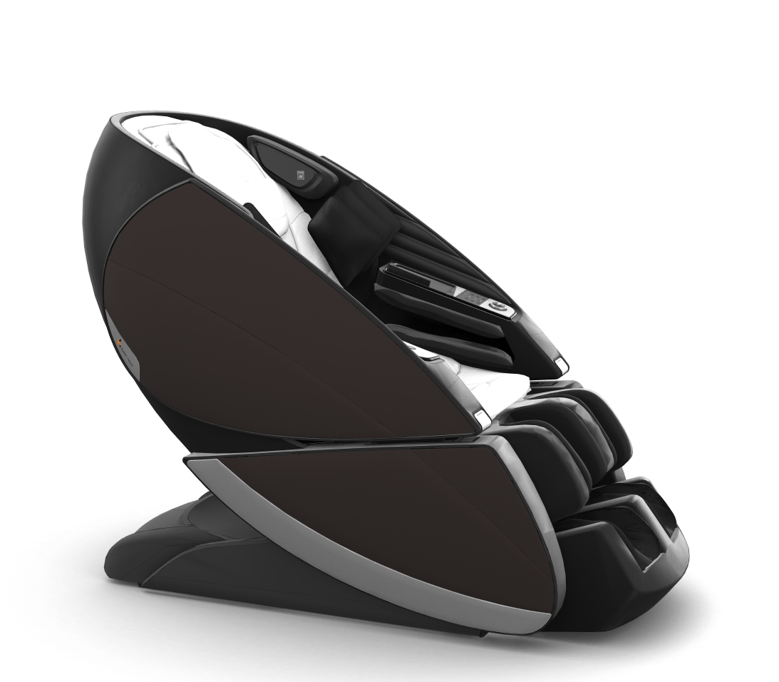Super Novo X massage chair in black and silver with teardrop design and upward-pivoting doors, shown from side angle