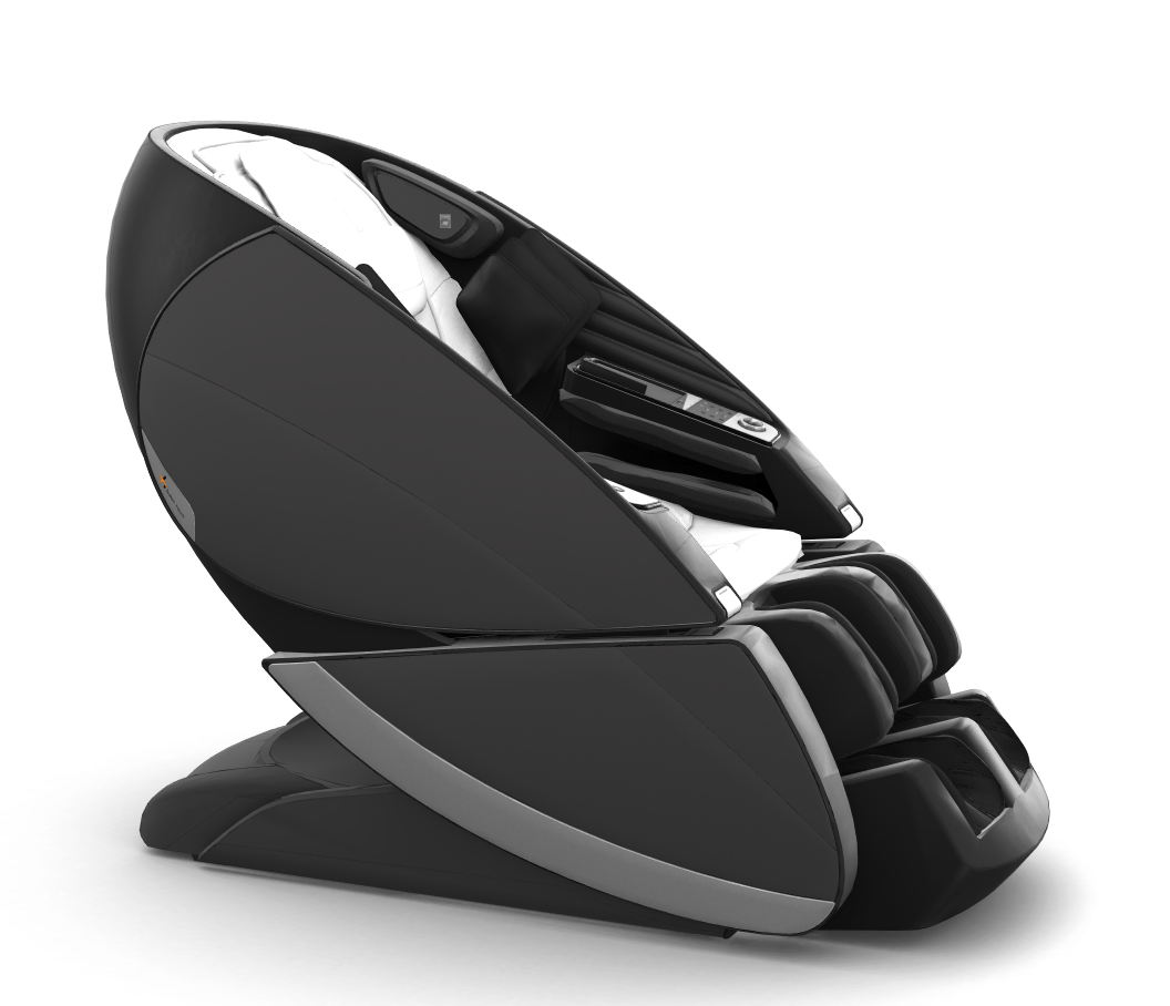 Super Novo X Massage Chair in black with sleek teardrop design, silver accents and upward-pivoting doors, shown from side angle