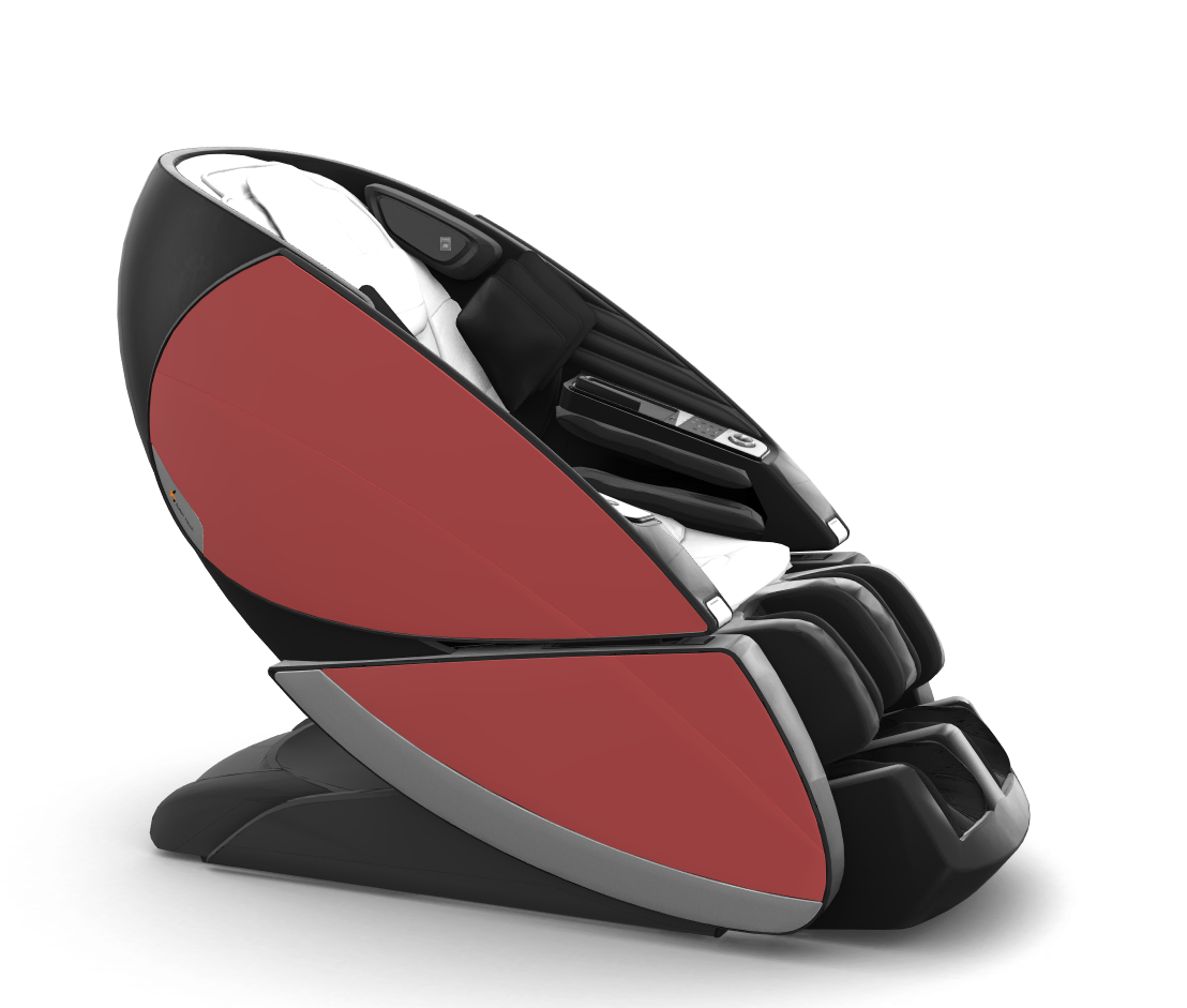 Super Novo X Massage Chair in black and red with teardrop design, featuring sleek modern styling and upward-pivoting doors