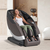 Super Novo 2.0 massage chair shown in modern living room, featuring sleek brown design and full-body massage functionality