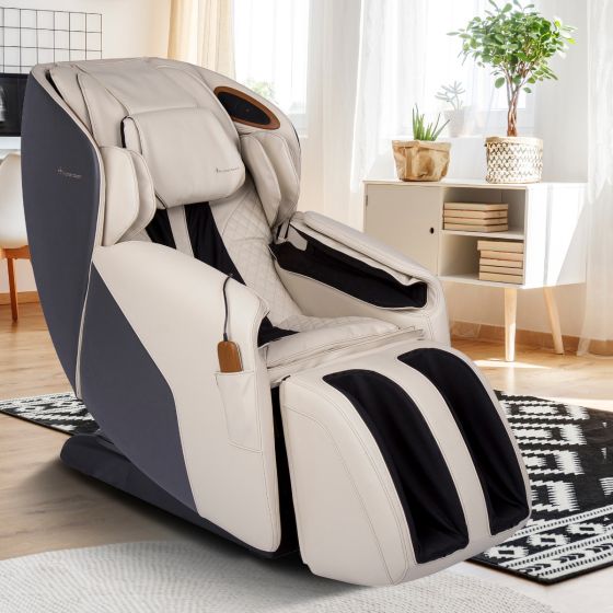 Quies Massage Chair in modern living room with beige and black upholstery and ergonomic design for full body massage.